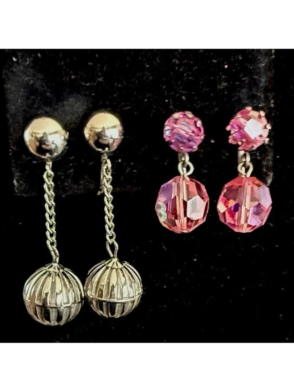 Vintage pink aurora borealis and silver tone dangle drop clip on earrings